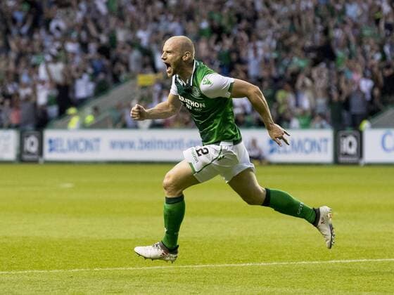 26th July 2018, Easter Road, Edinburgh, Scotland; UEFA Europa League 2nd qualifying round, 1st leg, Hibernian versus Asteras Tripolis; David Gray of Hibernian celebrates after scoring the games equalier to make it 2-2 in extra time  ActionPlus12050662 AlanxRennie