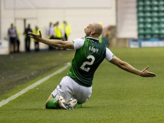 26th July 2018, Easter Road, Edinburgh, Scotland; UEFA Europa League 2nd qualifying round, 1st leg, Hibernian versus Asteras Tripolis; David Gray of Hibernian celebrates after scoring the games equalier to make it 2-2 in extra time  ActionPlus12050665 AlanxRennie