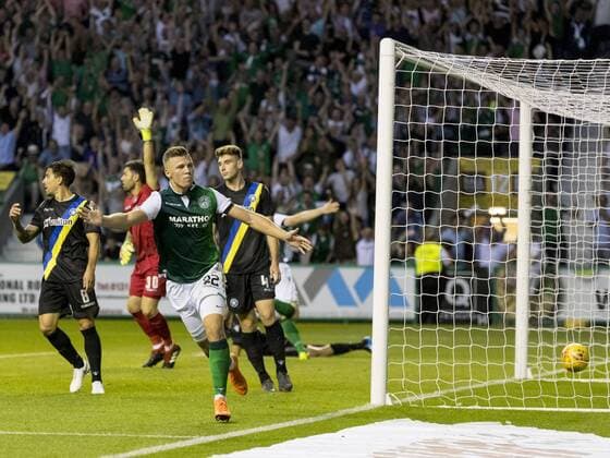 26th July 2018, Easter Road, Edinburgh, Scotland; UEFA Europa League 2nd qualifying round, 1st leg, Hibernian versus Asteras Tripolis; Florian Kamberi of Hibernian scores and celebrates his winning goal in the last minute of the game  ActionPlus12050666 AlanxRennie