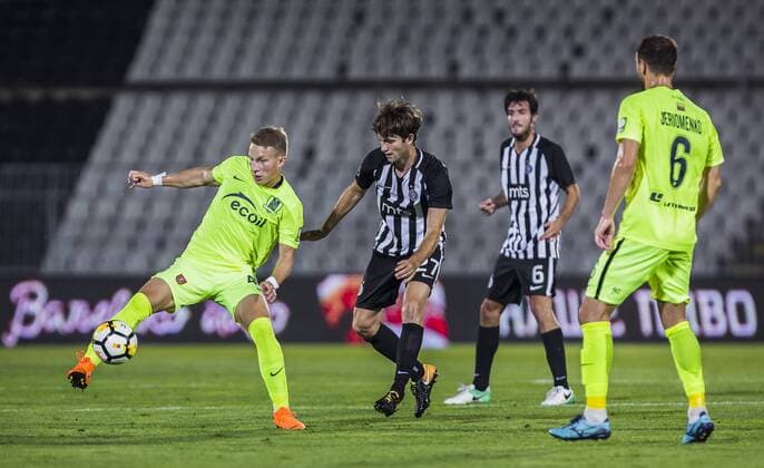 26th July 2018, Partizan Stadium, Belgrade, Serbia; UEFA Europa League 2nd qualifying round, 1st leg, FK Partizan versus FK Trakai; Svajunas Cyzas of Trakai is challenged by Nebojsa Kosovic of Partizan  ActionPlus12050677 NikolaxKrstic