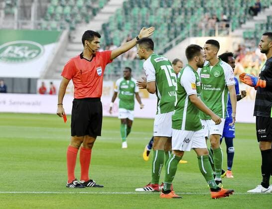 26 07 2018 St Gallen Switzerland Football Mens Season 2018 2019 Europaleague Qualifying St Gallen Sarpsborg 08 FF Referee Fabio Verissimo POR Milan Vilotic FC St Gallen action