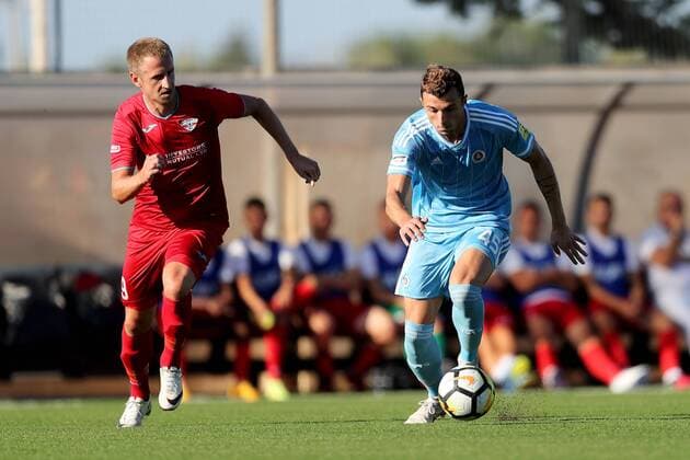 26 07 2018 - National Stadium, Ta Qali, Malta UEFA Europa League 2018 2019 Second Qualifying Round, 1st Leg MiloÅ¡ LepoviÄ‡ (L) of Balzan FC and Aleksandar ÄaavriÄ of SK Slovan Bratislava during the UEFA Europa League, Second Qualifying Round, first leg match between Balzan FC of Malta and SK Slovan Bratislava at the Centenary Stadium, Ta Qali, Malta on 26 July, 2018. Balzan FC won the first leg 2-1. Balzan FC v SK Slovan Bratislava - UEFA Europa League 2018 19 UEL_18_19