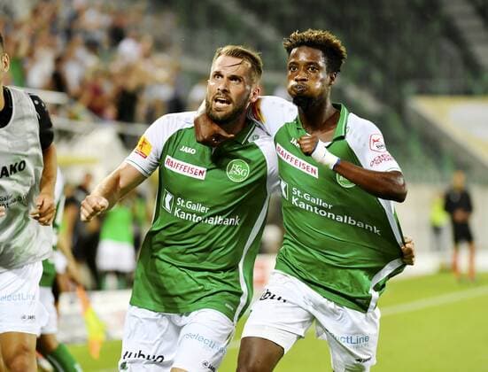 26 07 2018 St Gallen Switzerland Football Mens Season 2018 2019 Europaleague Qualifiers FC St Gallen Sarpsborg 08 FF Pictured goalscorer Roman Buess li and Majeed Ashimeru FC St Gallen cheering action gestures