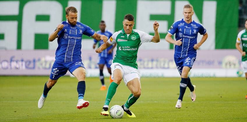 26 07 2018 Kybunpark St Gallen SWITZERLAND Season 2018 2019 Men Soccer European League Qualification St Gallen Sarpsborg 08 FF Ole Jörgen Halvorsen Sarpsborg v Vincent Sierro FCSG