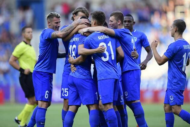 GENK, BELGIUM - JULY 26 : Ruslan Malinovskyi midfielder of KRC Genk celebrates scoring a goal from a free kick with his teammates during the UEFA Europa League, Second qualifying round , 1st leg between KRC Genk and CS Fola Esch at the Luminus Arena on July 26, 2018 in Genk, Belgium, 26 07 2018 FOOTBALL : KRC Genk vs Fola Esch - Ligue Europa - 26 07 2018 PhotoNews Panoramic 