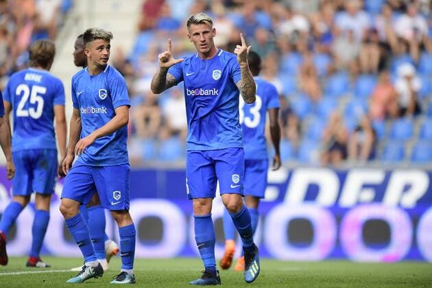 GENK, BELGIUM - JULY 26 : Sebastien Dewaest defender of KRC Genk celebrates scoring a goal with a statement during the UEFA Europa League, Second qualifying round , 1st leg between KRC Genk and CS Fola Esch at the Luminus Arena on July 26, 2018 in Genk, Belgium, 26 07 2018 FOOTBALL : KRC Genk vs Fola Esch - Ligue Europa - 26 07 2018 PhotoNews Panoramic 