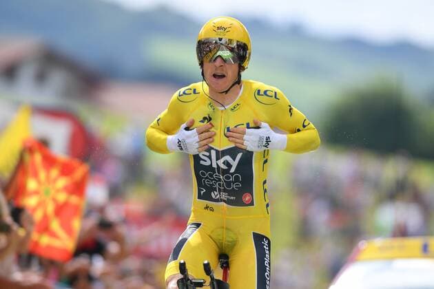 British Geraint Thomas of Team Sky wearing the yellow jersey of leader in the overall ranking finishes after the 20th stage of the 105th edition of the Tour de France cycling race, a 31km individual time trial from Saint-Pee-sur-Nivelle to Espelette, France, Saturday 28 July 2018. This year s Tour de France takes place from July 7th to July 29th. DAVIDxSTOCKMAN  x05393800x