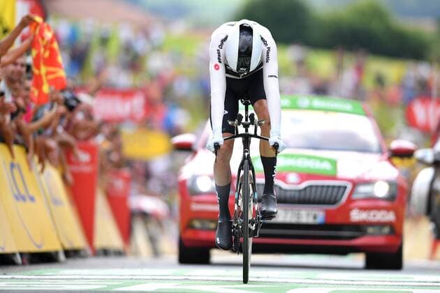 Sport Themen der Woche KW30 Sport Bilder des Tages British Chris Froome of Team Sky crosses the finish line of the 20th stage of the 105th edition of the Tour de France cycling race, a 31km individual time trial from Saint-Pee-sur-Nivelle to Espelette, France, Saturday 28 July 2018. This year s Tour de France takes place from July 7th to July 29th. DAVIDxSTOCKMAN  x05393954x