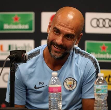 July 27, 2018 - Miami Gardens, Florida, U.S. - Manchester City head coach PEP GUARDIOLA interacts during a press conference PK Pressekonferenz before a practice session in preparation for an International Champions Cup match against FC Bayern at the Hard Rock Stadium in Miami Gardens, Florida. Soccer 2018: FC Bayern vs Manchester City: Practice - ZUMAh333 20180727_zap_h333_010 Copyright: xMarioxHoubenx