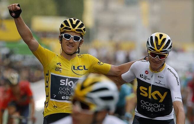 PARIS CHAMPS-ELYSEES, FRANCE - JULY 29 : THOMAS Geraint (GBR) of Team SKY & FROOME Chris (GBR) of Team SKY during stage 21 of the 105th edition of the 2018 Tour de France cycling race, a stage of 116 kms between Houilles and Paris Champs-Elysees on July 29, 2018 in Paris Champs-Elysees, France, 29 07 18 CYCLISME : Tour de France - Etape 21 - Houilles Paris Champs-Elysees - 29 07 2018 PhotoNews Panoramic 