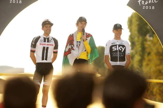 PARIS CHAMPS-ELYSEES, FRANCE - JULY 29 : DUMOULIN Tom (NED) of Team Sunweb, THOMAS Geraint (GBR) of Team SKY, FROOME Chris (GBR) of Team SKY pictured on the podium during stage 21 of the 105th edition of the 2018 Tour de France cycling race, a stage of 116 kms between Houilles and Paris Champs-Elysees on July 29, 2018 in Paris Champs-Elysees, France, 29 07 18 CYCLISME : Tour de France - Etape 21 - Houilles Paris Champs-Elysees - 29 07 2018 PhotoNews Panoramic 