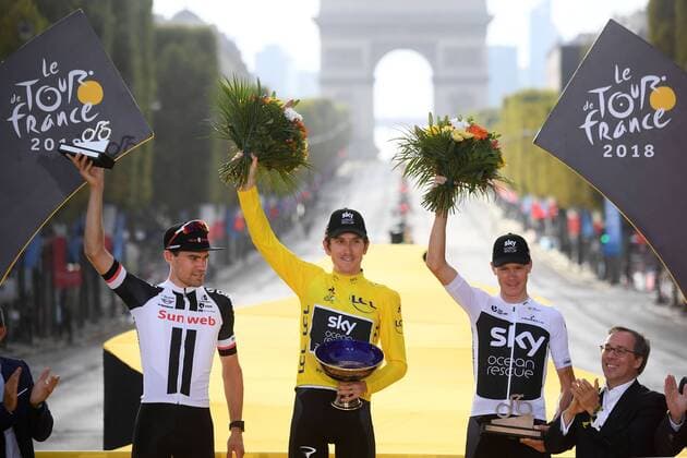 Dutch Tom Dumoulin of Team Sunweb, British Geraint Thomas of Team Sky wearing the yellow jersey of overall leader and British Chris Froome of Team Sky celebrate on the podium after the last stage of the 105th edition of the Tour de France cycling race, 116km from Houilles to Paris, France, Sunday 29 July 2018. This year s Tour de France takes place from July 7th to July 29th. POOLxSTEPHANExMANTEY  x05395139x