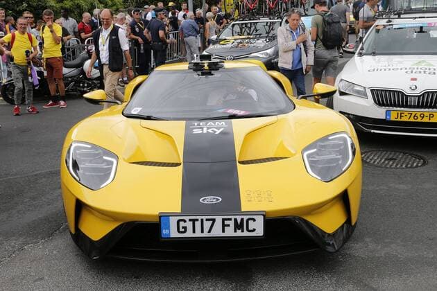 A yellow personalized Ford GT sports car, pictured after the last stage of the 105th edition of the Tour de France cycling race, 116km from Houilles to Paris, France, Sunday 29 July 2018. This year s Tour de France takes place from July 7th to July 29th. POOLxYUZURUxSUNADA  x05395157x