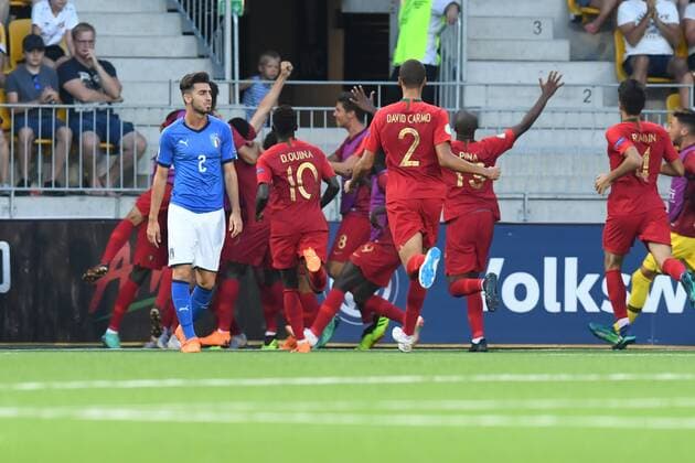 Portugal celebrates 2-0 goal, David Carmo of Italy on the left during their Italy - Portugal European Under-19 Championship 2018 final at the Seinäjoki stadium, Finland. July 29, 2018. (Jussi Eskola Newspix24)  Copyright: xJussixEskolax NP24_00310045