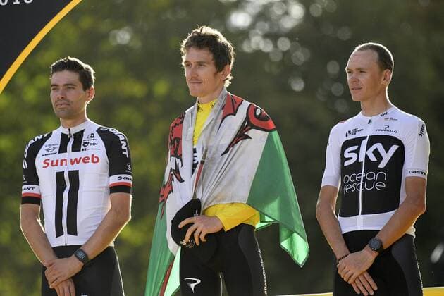 Dutch Tom Dumoulin of Team Sunweb, British Geraint Thomas of Team Sky and British Chris Froome of Team Sky pictured on the podium after the last stage of the 105th edition of the Tour de France cycling race, 116km from Houilles to Paris, France, Sunday 29 July 2018. This year s Tour de France takes place from July 7th to July 29th. YORICKxJANSENS  x05395197x