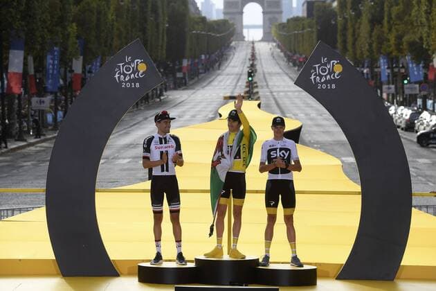 PARIS CHAMPS-ELYSEES, FRANCE - JULY 29 : DUMOULIN Tom (NED) of Team Sunweb, THOMAS Geraint (GBR) of Team SKY, FROOME Chris (GBR) of Team SKY pictured on the podium during stage 21 of the 105th edition of the 2018 Tour de France cycling race, a stage of 116 kms between Houilles and Paris Champs-Elysees on July 29, 2018 in Paris Champs-Elysees, France, 29 07 18 CYCLISME : Tour de France - Etape 21 - Houilles Paris Champs-Elysees - 29 07 2018 PhotoNews Panoramic 