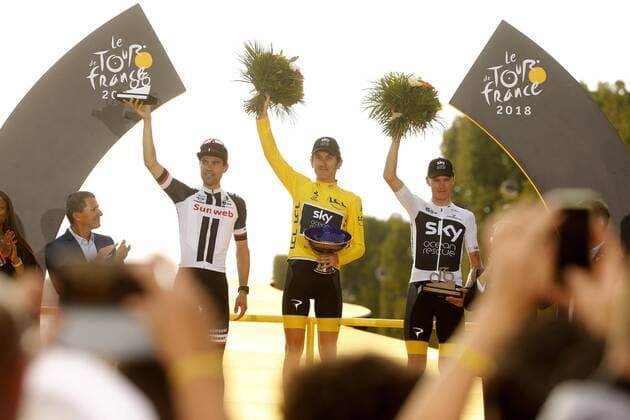PARIS CHAMPS-ELYSEES, FRANCE - JULY 29 : DUMOULIN Tom (NED) of Team Sunweb, THOMAS Geraint (GBR) of Team SKY, FROOME Chris (GBR) of Team SKY pictured on the podium during during stage 21 of the 105th edition of the 2018 Tour de France cycling race, a stage of 116 kms between Houilles and Paris Champs-Elysees on July 29, 2018 in Paris Champs-Elysees, France, 29 07 18 CYCLISME : Tour de France - Etape 21 - Houilles Paris Champs-Elysees - 29 07 2018 PhotoNews Panoramic 