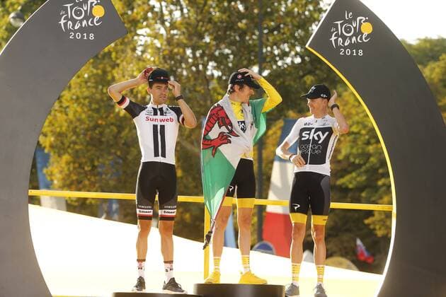 PARIS CHAMPS-ELYSEES, FRANCE - JULY 29 : DUMOULIN Tom (NED) of Team Sunweb, THOMAS Geraint (GBR) of Team SKY, FROOME Chris (GBR) of Team SKY pictured on the podium during during stage 21 of the 105th edition of the 2018 Tour de France cycling race, a stage of 116 kms between Houilles and Paris Champs-Elysees on July 29, 2018 in Paris Champs-Elysees, France, 29 07 18 CYCLISME : Tour de France - Etape 21 - Houilles Paris Champs-Elysees - 29 07 2018 PhotoNews Panoramic 