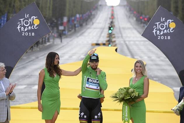 PARIS CHAMPS-ELYSEES, FRANCE - JULY 29 : SAGAN Peter (SVK) of Bora - Hansgrohe pictured on the podium during stage 21 of the 105th edition of the 2018 Tour de France cycling race, a stage of 116 kms between Houilles and Paris Champs-Elysees on July 29, 2018 in Paris Champs-Elysees, France, 29 07 18 CYCLISME : Tour de France - Etape 21 - Houilles Paris Champs-Elysees - 29 07 2018 PhotoNews Panoramic 