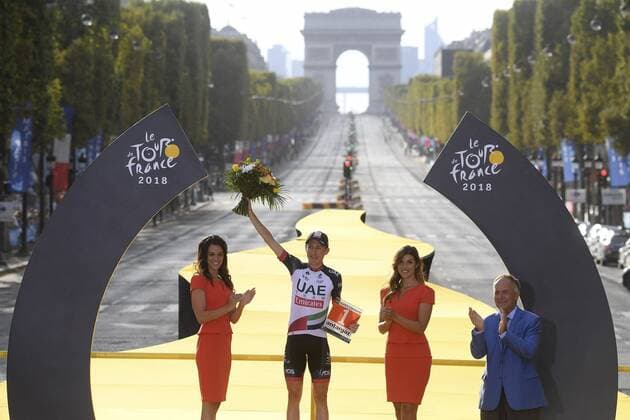 PARIS CHAMPS-ELYSEES, FRANCE - JULY 29 : MARTIN Daniel (IRL) of UAE Team Emirates pictured on the podium during stage 21 of the 105th edition of the 2018 Tour de France cycling race, a stage of 116 kms between Houilles and Paris Champs-Elysees on July 29, 2018 in Paris Champs-Elysees, France, 29 07 18 CYCLISME : Tour de France - Etape 21 - Houilles Paris Champs-Elysees - 29 07 2018 PhotoNews Panoramic 