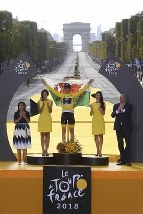 PARIS CHAMPS-ELYSEES, FRANCE - JULY 29 : THOMAS Geraint (GBR) of Team SKY pictured on the podium during stage 21 of the 105th edition of the 2018 Tour de France cycling race, a stage of 116 kms between Houilles and Paris Champs-Elysees on July 29, 2018 in Paris Champs-Elysees, France, 29 07 18 CYCLISME : Tour de France - Etape 21 - Houilles Paris Champs-Elysees - 29 07 2018 PhotoNews Panoramic 