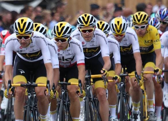 Geraint Thomas (in yellow) of Great Britain follows his Team Sky teammates on the Champs-Elysees before winning the Tour de France in Paris on July 29, 2018. Thomas claimed his first Tour de France victory, becoming the first Welshman to win the event.  PAR20180729150 DAVIDxSILPA