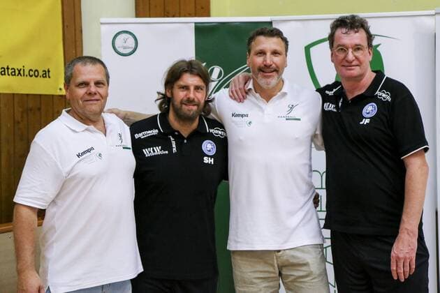 Heinz Peterka Sebastian Hinze Coach Bergischer HC Didi Peißl and Jörg Föste Managing Director Bergischer HC Fivers WAT Margareten HC vs Bergischer HC Handball Test match 29 07 18 Köflach Lipizanerheimat Austria Sporthalle Köflach Copyright: xdnet_thex