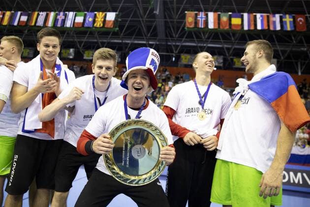 29 07 2018 Arena Zlatorog Celje SLO EHF EURO U20 France vs Slovenia Final in the picture Players of Slovenia celebrate win against France during the final match of the EHF men s handball European U20 Championship between France vs Slovenia at the Arena Zlatorog in Celje Slovenia on 2018 07 29 Celje  EX_SPIDA