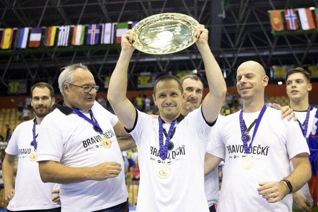 29 07 2018 Arena Zlatorog Celje SLO EHF EURO U20 France vs Slovenia Final in the picture Players of Slovenia celebrate win against France during the final match of the EHF men s handball European U20 Championship between France vs Slovenia at the Arena Zlatorog in Celje Slovenia on 2018 07 29 Celje  EX_SPIDA