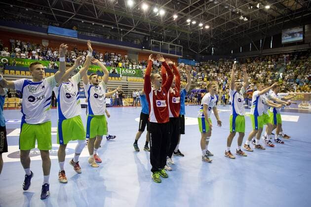 29 07 2018 Arena Zlatorog Celje SLO EHF EURO U20 France vs Slovenia Final in the picture Players of Slovenia celebrate win against France during the final match of the EHF men s handball European U20 Championship between France vs Slovenia at the Arena Zlatorog in Celje Slovenia on 2018 07 29 Celje  EX_SPIDA