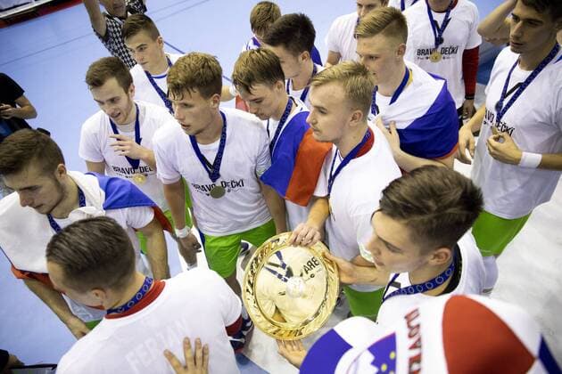29 07 2018 Arena Zlatorog Celje SLO EHF EURO U20 France vs Slovenia Final in the picture Players of Slovenia celebrate win against France during the final match of the EHF men s handball European U20 Championship between France vs Slovenia at the Arena Zlatorog in Celje Slovenia on 2018 07 29 Celje  EX_SPIDA