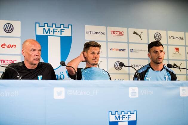 180731 Malmö FFs coach Uwe Rösler Markus Rosenberg and Behrang Safari during a press conference and training before the Champions League match between Malmö FF and Cluj in the second qualifying round on 31 July 2018 in Malmö  Copyright: MATHILDAxAHLBERG BB180731MA003