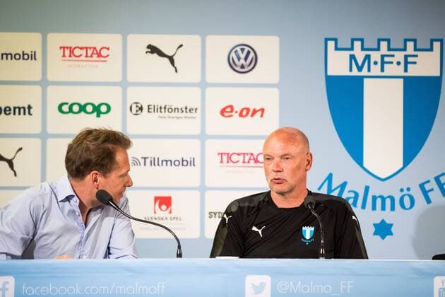 180731 Malmö FF Communications Manager Peter Hlander and Coach Uwe Rösler during a press conference and training before the Champions League match between Malmö FF and Cluj in the second qualifying round on 31 July 2018 in Malmö  Copyright: MATHILDAxAHLBERG BB180731MA008
