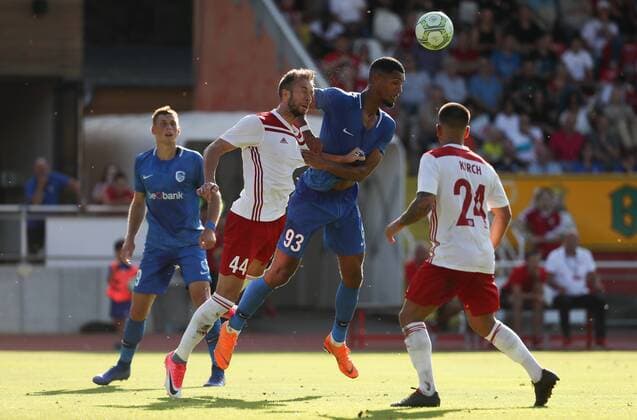 Fola s Peter Chrappan and Genk s Zinho Gano fight for the ball during the soccer match between Luxembourg team Sporting Circle Fola Esch and Belgian first division soccer team KRC Genk, Wednesday 01 August 2018 in Esch-Sur-Alzette, Luxembourg. This is the return leg of the 2nd qualifying round for the Europa League competition. Genk won the first leg 5-0. VIRGINIExLEFOUR  x05396411x