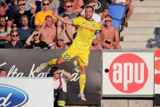 Goal maker Igor Stasevich 22, BATE, BLR celerates their 2nd goal (0-2) during their UEFA Champions League 2QR match HJK Helsinki - BATE in Telia 5G Arena 1. August 2018 in Helsinki, Finland.  Copyright: xMattixMatikainenx NP24_00311715