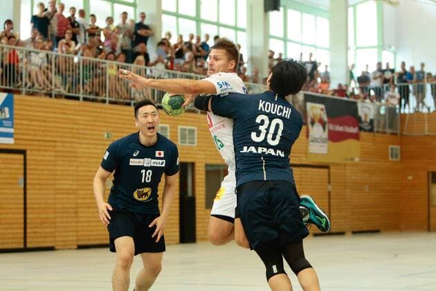 01 08 2018 xtgx handball friendly match SC Magdeburg Japan emspor v Marko Bezjak Magdeburg Kairi Koichi duel fight tackle Beetzendorf