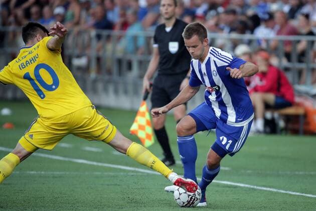 Fußball, CL Qualifikation, HJK Helsinki - BATE Baryssau Mirko Ivanic 10, BATE, BLR and Mikko Sumusalo 21, HJK Helsinki, FIN during their UEFA Champions League 2QR match HJK Helsinki - BATE in Telia 5G Arena 1. August 2018 in Helsinki, Finland.  Copyright: xMattixMatikainenx NP24_00311931
