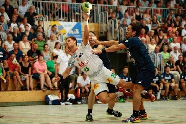 01 08 2018 xtgx handball friendly match SC Magdeburg Japan emspor v Albin Lagergren Magdeburg throws goal scorer scored goal scores the goal Beetzendorf