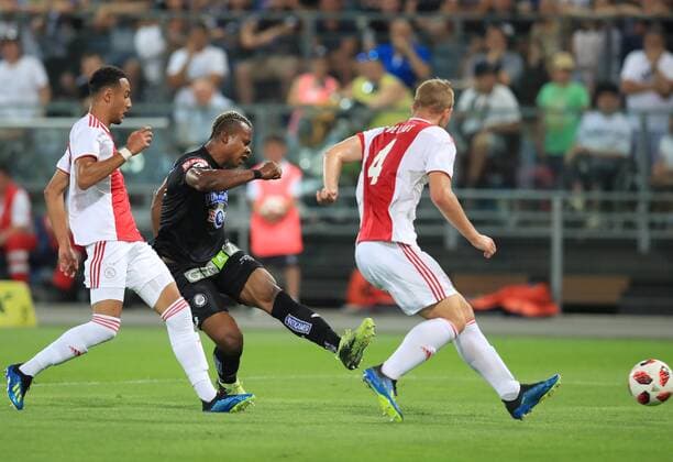 SOCCER - UEFA CL quali, Sturm vs Ajax GRAZ,AUSTRIA,01.AUG.18 - SOCCER - UEFA Champions League qualification, SK Sturm Graz vs AFC Ajax Amsterdam. Image shows Noussair Mazraoui (Ajax), Emeka Friday Eze (Sturm) and Matthijy de Ligt (Ajax). GEPAxpictures xMarioxBuehner