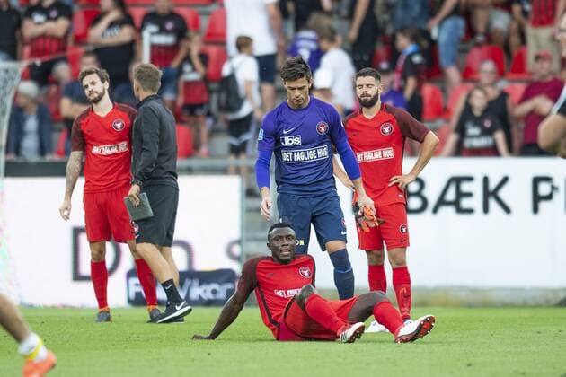 Disappointed FCM players, from left Kian Hansen ( 2 - FC Midtjylland ), Bubacarr Sanneh ( 25 - FC Midtjylland ), goalkeeper Jesper Hansen ( 1 - FC Midtjylland ) and Marc Dal Hende ( 5 - FC Midtjylland ) after UEFA Champions League, Second Qualifying Round between FC Midtjylland and FC Astana, August 1, 2018 in ARENA Herning, Denmark. Photo: Bo Amstrup Ritzau Scanpix , Herning Denmark  Copyright: BoxAmstrup BoxAmstrupx cop103 spdk20180801-210916-L