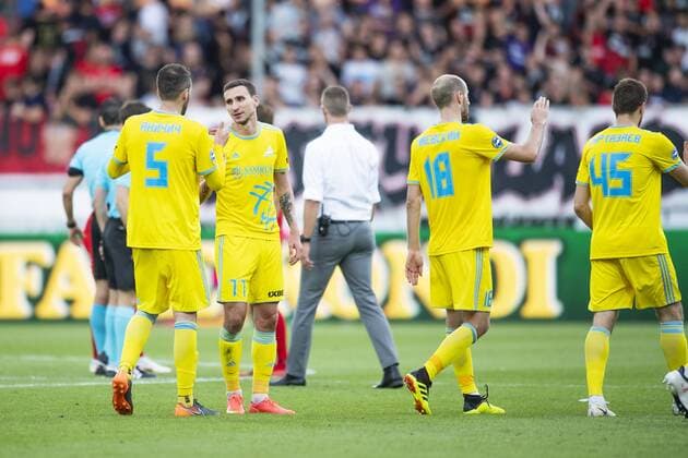 Marin Anicic ( 5 - FC Astana ), Pedro Henrique Konzen ( 11 - FC Astana ), Ivan Mayewski ( 18 - FC Astana ) and Roman Murtazayev ( 45 - FC Astana ) after UEFA Champions League, Second Qualifying Round between FC Midtjylland and FC Astana, August 1, 2018 in ARENA Herning, Denmark. Photo: Bo Amstrup Ritzau Scanpix , Herning Denmark  Copyright: BoxAmstrup BoxAmstrupx cop103 spdk20180801-210917-L