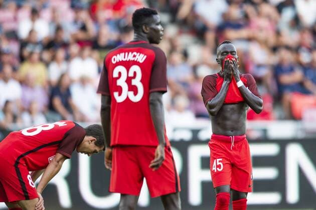 Awer Mabil ( 45 - FC Midtjylland ) (right), Ebere Paul Onuachu ( 33 - FC Midtjylland ) (middle) and Gustav Wikheim ( 88 - FC Midtjylland ) react during UEFA Champions League, Second Qualifying Round between FC Midtjylland and FC Astana, August 1, 2018 in ARENA Herning, Denmark. Photo: Bo Amstrup Ritzau Scanpix , Herning Denmark  Copyright: BoxAmstrup BoxAmstrupx cop103 spdk20180801-212516-L
