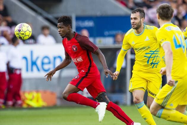 Frank Onyeka ( 38 - FC Midtjylland ) in action with Marin Anicic ( 5 - FC Astana ) during UEFA Champions League, Second Qualifying Round between FC Midtjylland and FC Astana, August 1, 2018 in ARENA Herning, Denmark. , Herning Denmark  BoxAmstrupx cop103 spdk20180801-213926-L