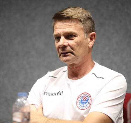 01 08 2018 - National Stadium, Ta Qali, Malta UEFA Europa League 2018 2019 Second Qualifying Round, 2nd Leg HÅ K Zrinjski head coach Ante MiÅ¡e speaks during his team s press conference PK Pressekonferenz ahead of the UEFA Europa League, Second Qualifying Round, second leg match between Valletta FC and HÅ K Zrinjski at the Centenary Stadium, Ta Qali, Malta on 02 August, 2018. Valletta FC v HÅ K Zrinjski UEL_18_19