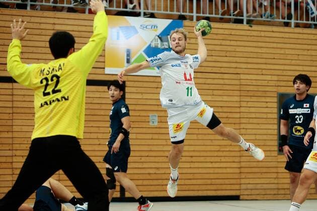 01 08 2018 xtgx handball friendly match SC Magdeburg Japan emspor v l Daniel Pettersson Magdeburg 11 throws goal scorer scored goal scores the goal goal Beetzendorf