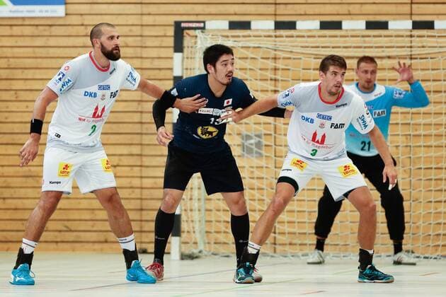 01 08 2018 xtgx handball friendly match SC Magdeburg Japan emporer Zeljko Musa Magdeburg 2 Kenya Kasahara Japan Piotr Chrapkowski Magdeburg 3 Beetzendorf
