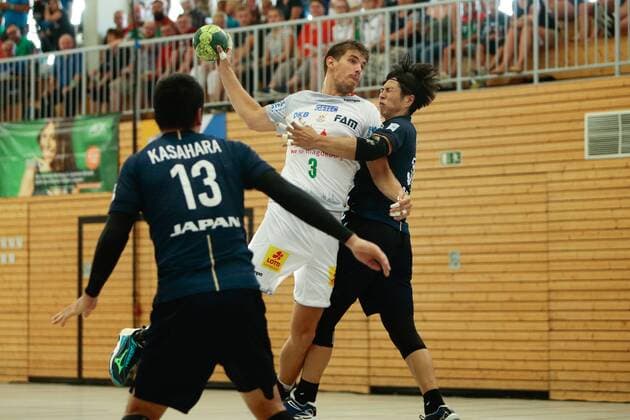 01 08 2018 xtgx handball friendly match SC Magdeburg Japan emspor v l Piotr Chrapkowski Magdeburg 3 throws Goal scorer scored goal scores the goal Beetzendorf