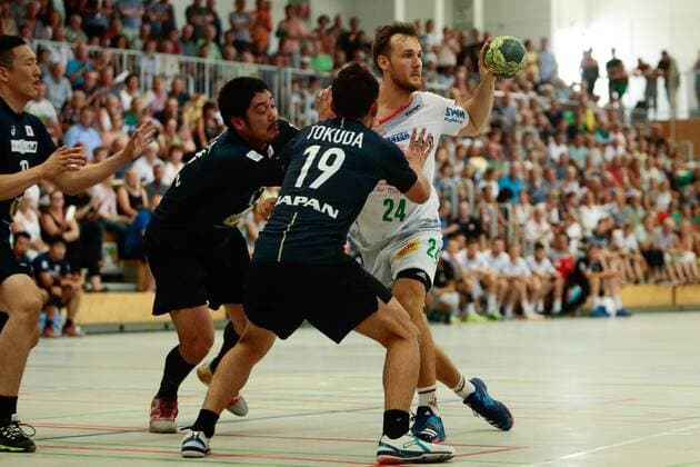 01 08 2018 xtgx Handball Test match SC Magdeburg Japan emspor v l Christian O Sullivan Magdeburg 24 on the ball Beetzendorf