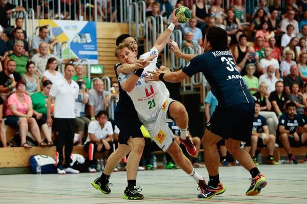 01 08 2018 xtgx handball friendly match SC Magdeburg Japan emspor v Albin Lagergren Magdeburg throws goal scorer scored goal scores the goal Beetzendorf