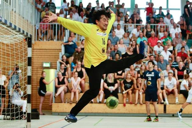 01 08 2018 xtgx handball friendly match SC Magdeburg Japan emspor v l Akihito Kai Japan parade holds the ball catches the ball parried Beetzendorf